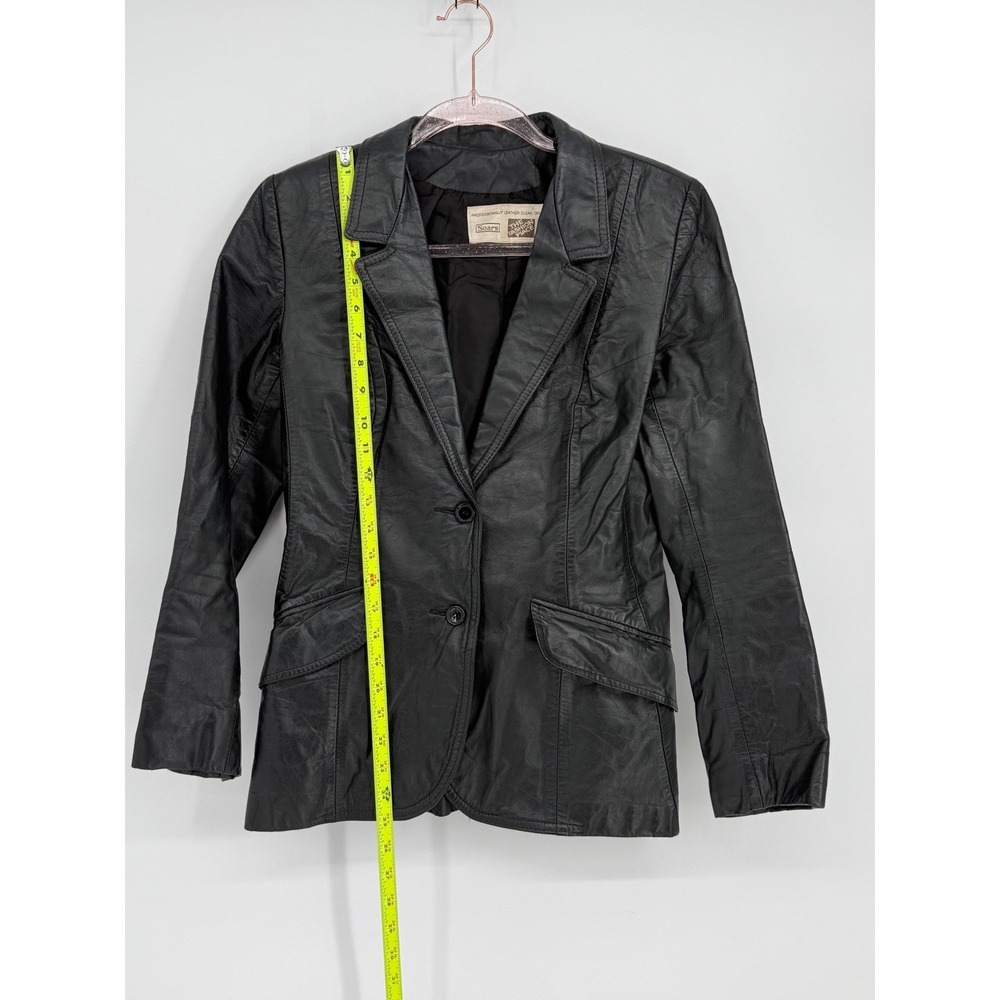Vintage‎ Sears Womens Black Leather Blazer Jacket Two Button Tailored Fit Size 6